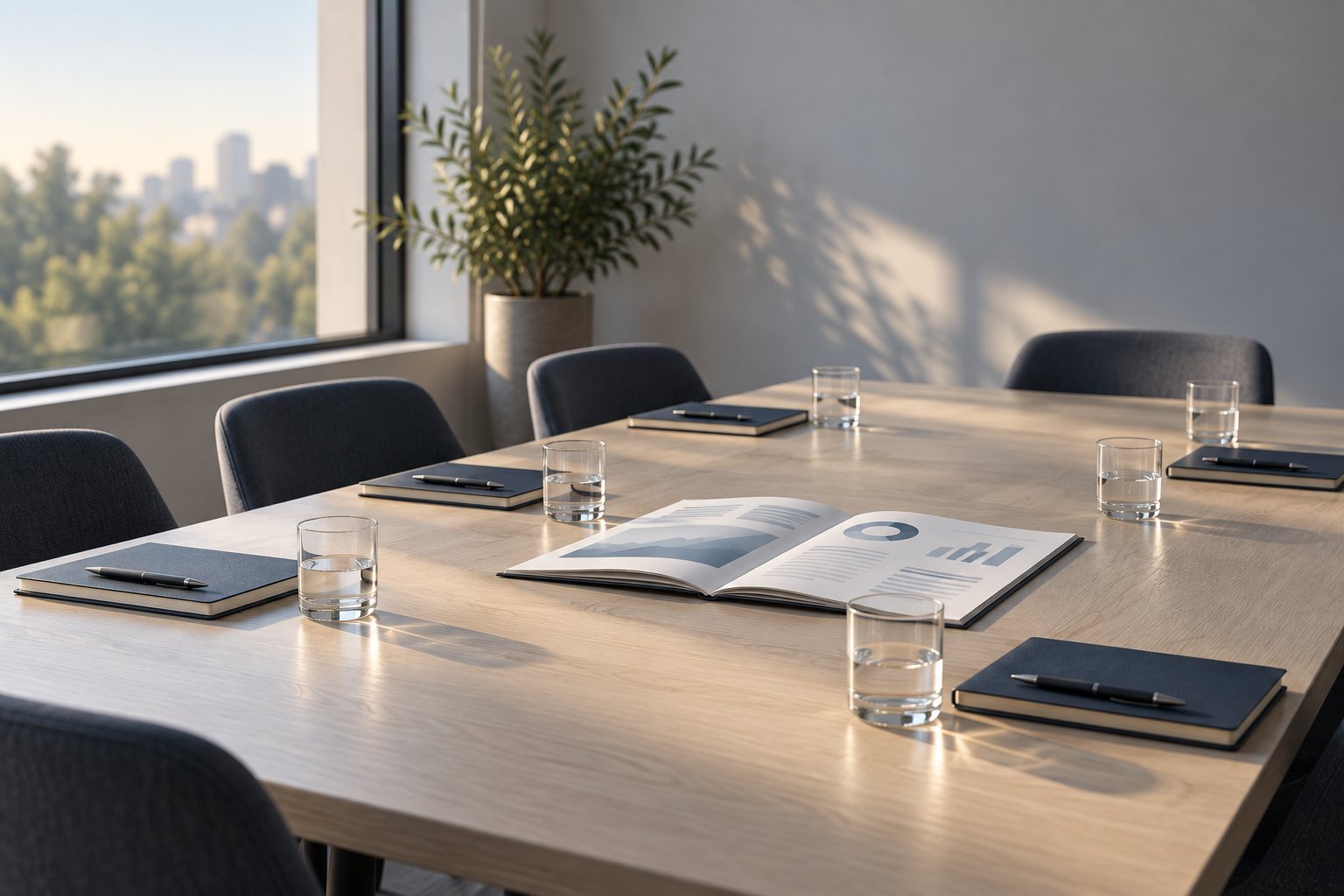 A meeting room prepared for a working session