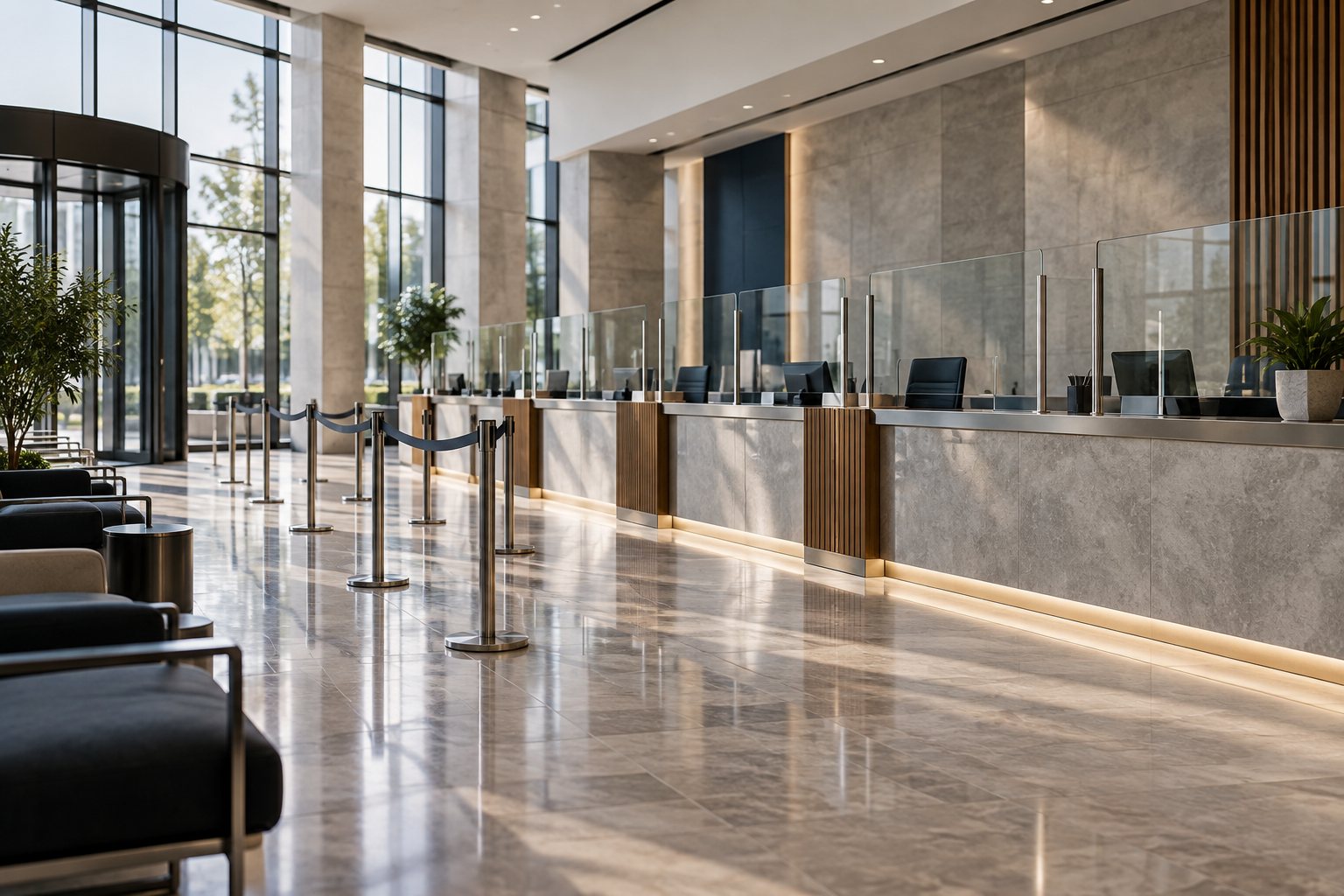 A modern banking hall with service counters