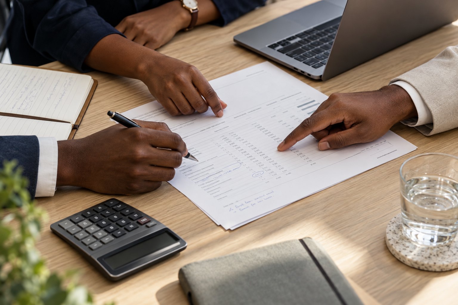 Three colleagues’ hands working through the same financial document at a shared table