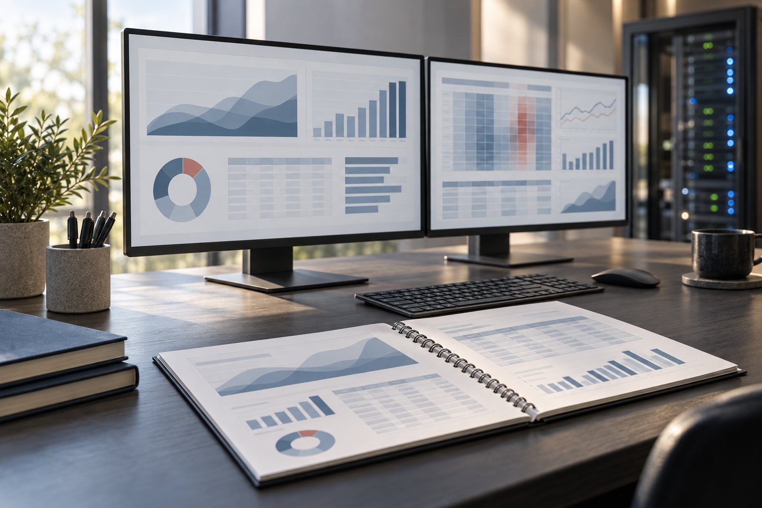 Dashboards on two monitors beside a printed actuarial report